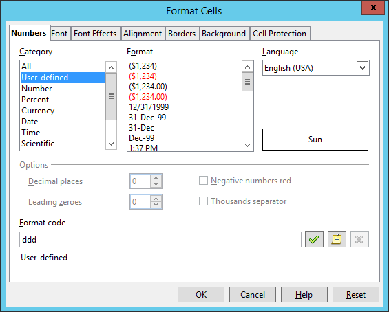 OpenOffice Calc user-defined day of week
format