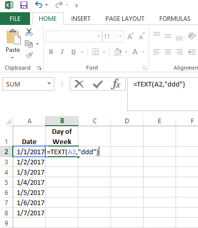 Excel - displaying day of week with TEXT
