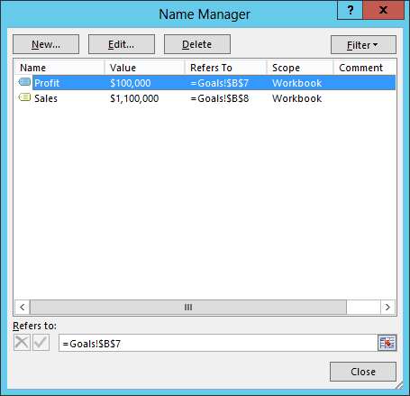 Excel 2013 - Name Manager