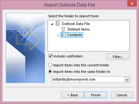 Select Outlook folder for import