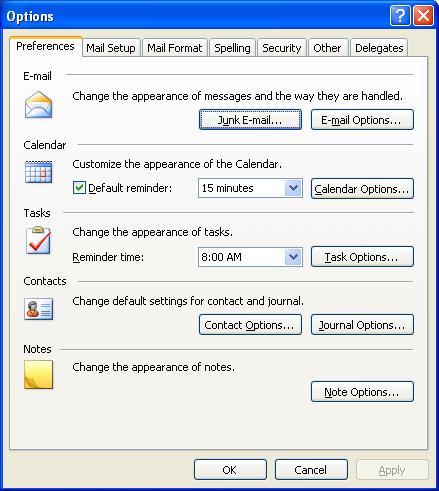 Outlook 2003 options