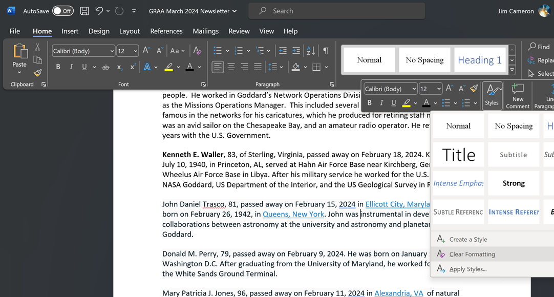 Clear Formatting - Office 365 Word