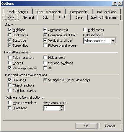 Microsoft Word options with paragraph markers checked