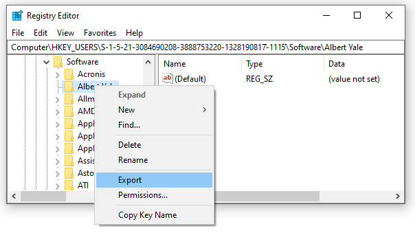 Registry editor - export registy key