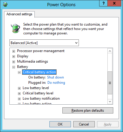 Power Options - Critical battery
action