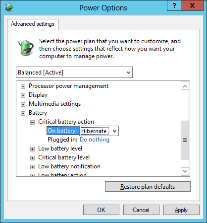 Power Options - On battery: hibernate