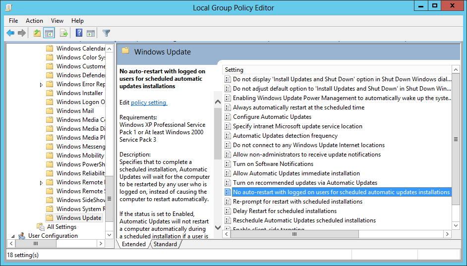 Disabling Automatic Restart For Windows Server 2012 Essentials