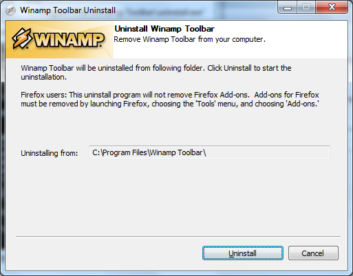 Uninstall Winamp Toolbar