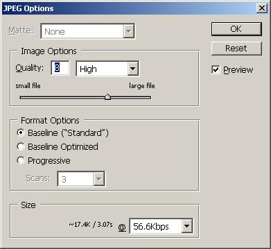 JPEG Options window
