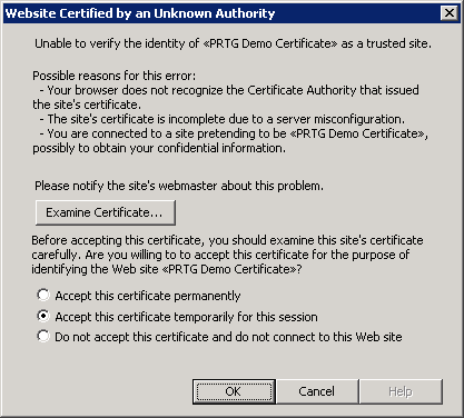 PRTG Website Certificate Warning