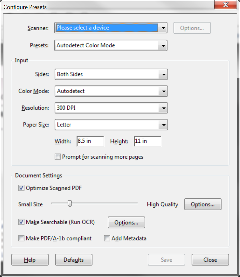 Adobe Acrobat Configure Presets