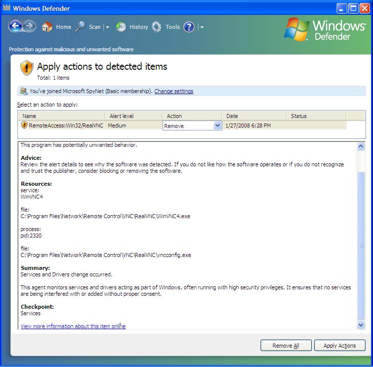 Windows Defender 1.1.1593 alert at RealVNC installation