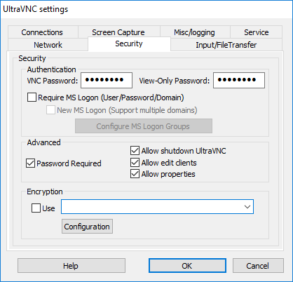UltraVNC security settings