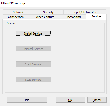 UltraVNC service settings