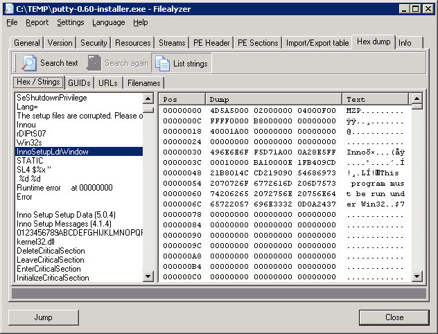FileAlyzer analysis of putty-0.60-installer.exe