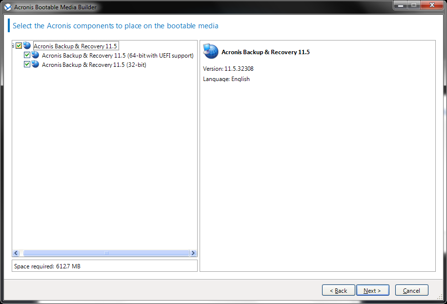Acronis Bootable Media Builder 
all components selected