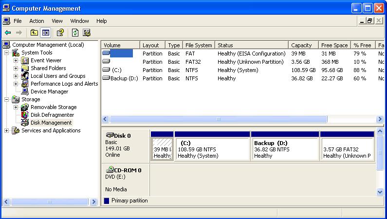 Disk Management partition display