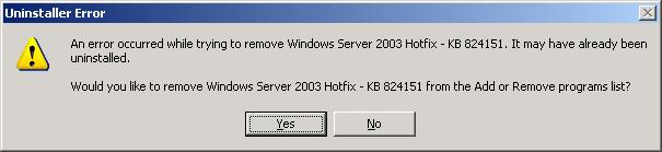 Uninstaller error when
removing hotfix