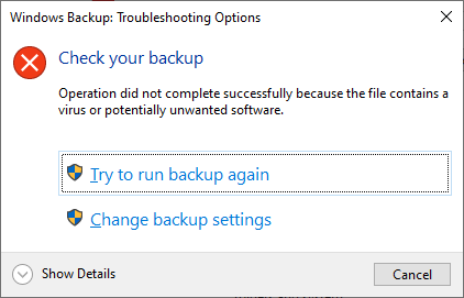 Backup failed - virus