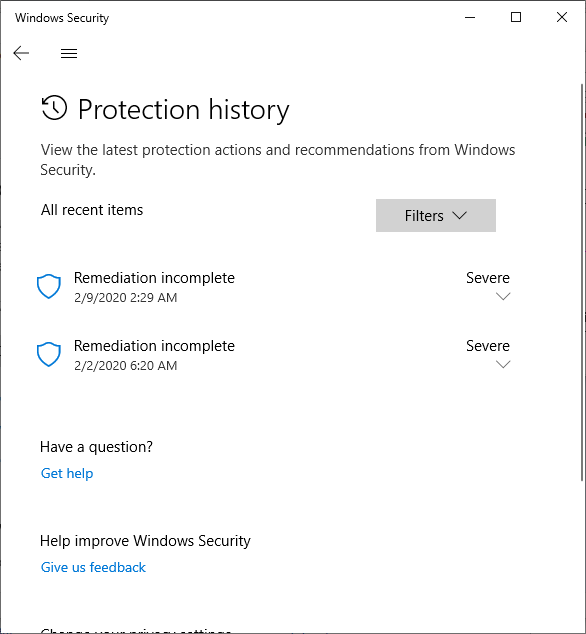 Windows Security - Protection history
