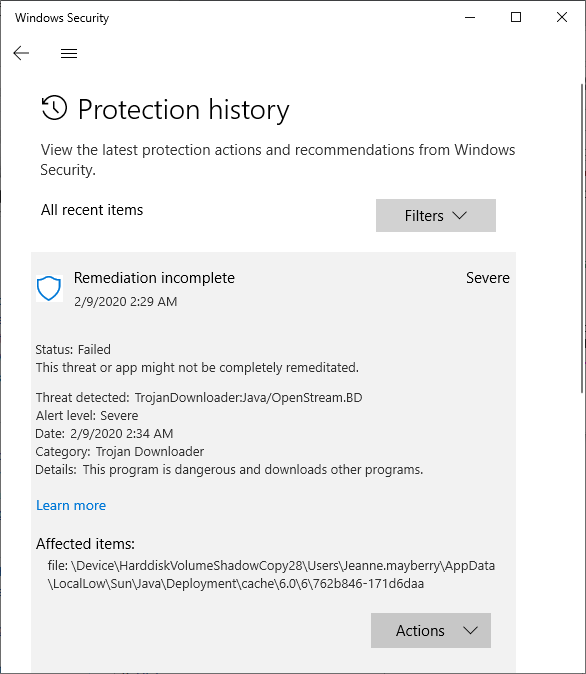 Windows Security threat detected