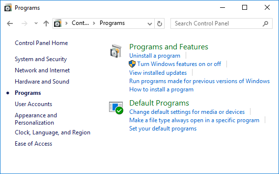 Windows 10 - Programs and Features