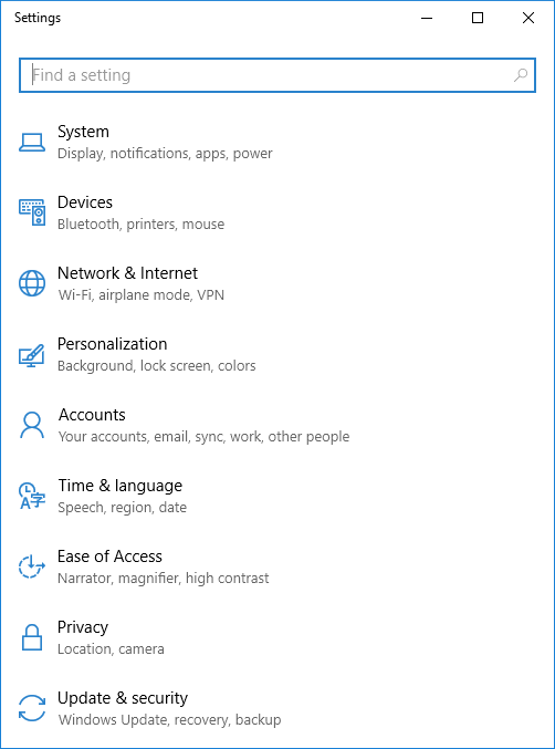 Windows 10 settings - update and
security