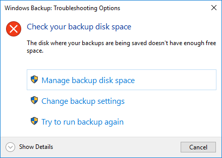 Check your backup disk space