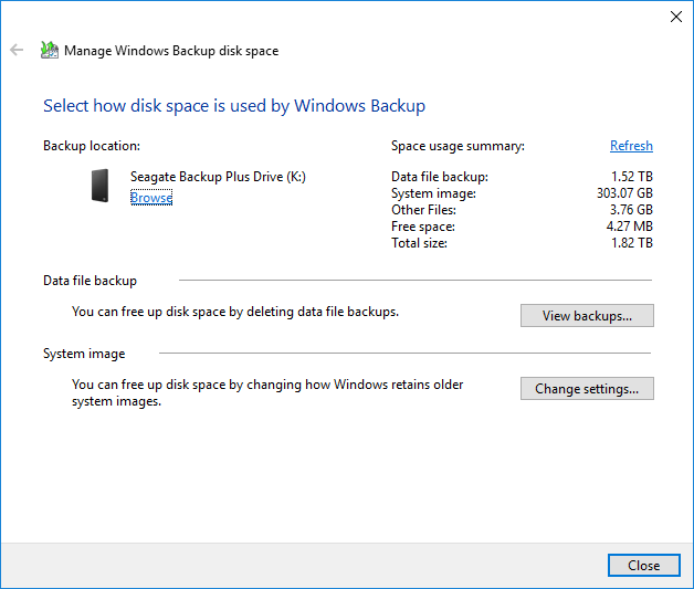 Manage Windows Backup disk
space