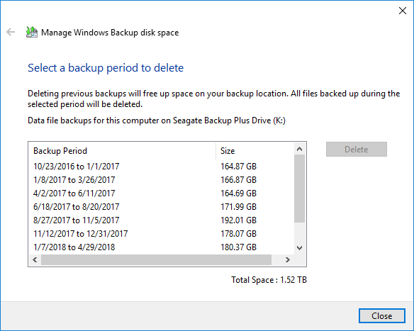 Select a backup period to delete