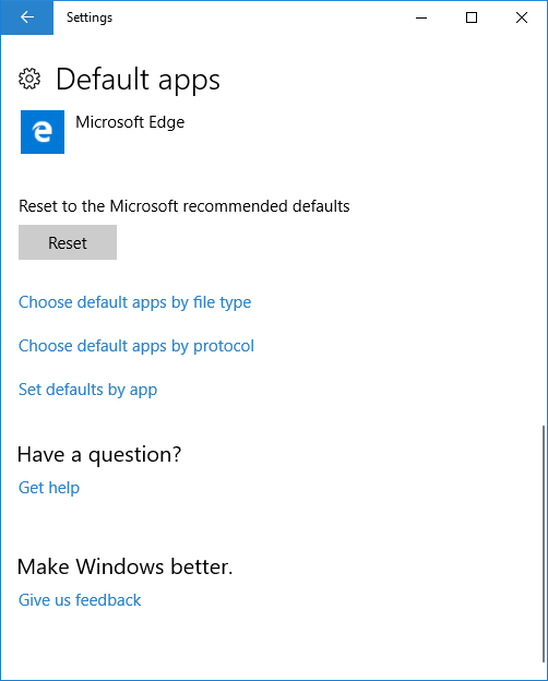 Windows 10 Settings - choose default apps