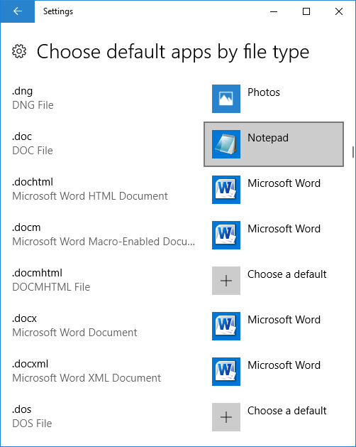 Choose default .doc - Notepad
