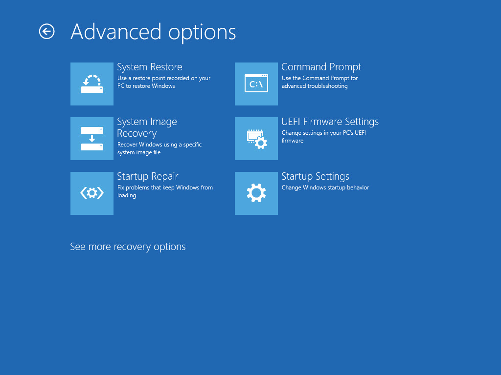 Windows 10 Recovery - Advanced options