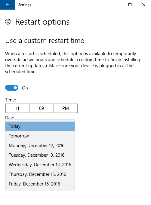 Windows 10 restart days options