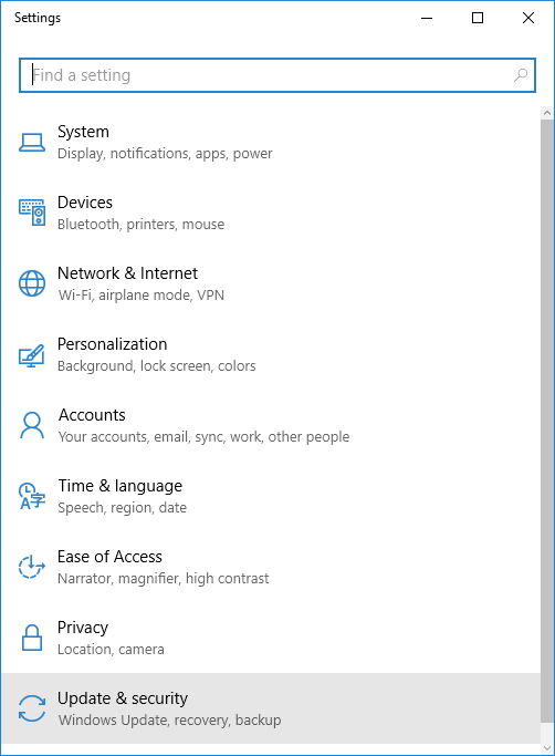Windows 10 Settings options