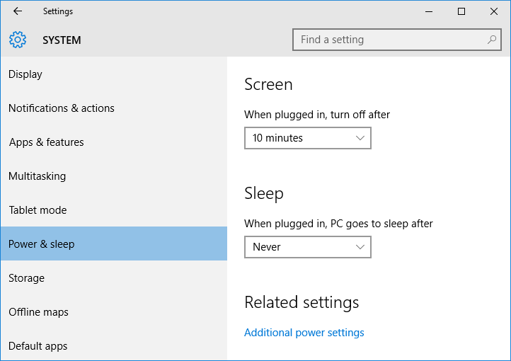 Sleep setting of never for Windows 10