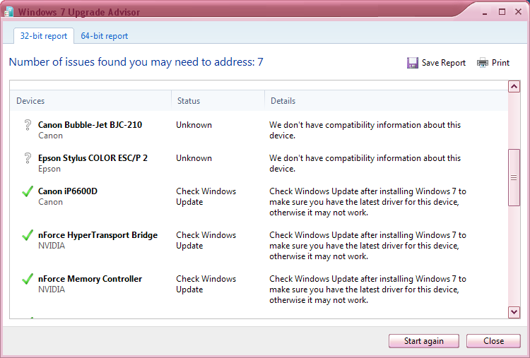 Windows 7 Upgrade Advisor issues found with devices
