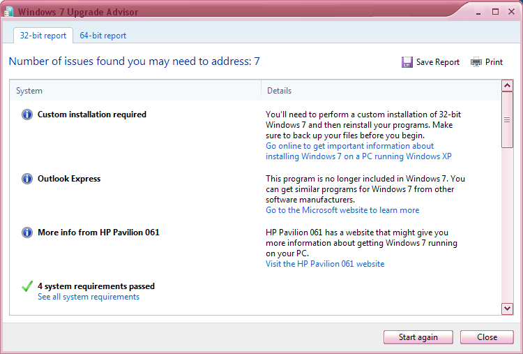 Windows 7 Upgrade Advisor issues found