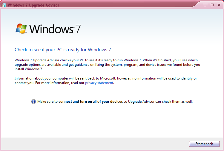 Windows 7 Upgrade Advisor start check