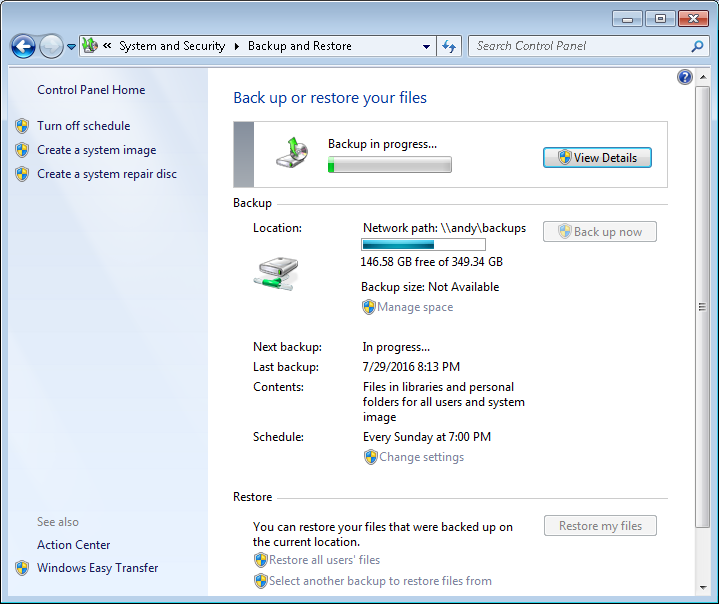 Windows 7 backup in progress