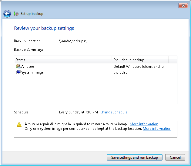 Review Windows backup settings