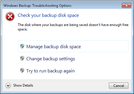 Windows Backup: Troubleshooting
Options
