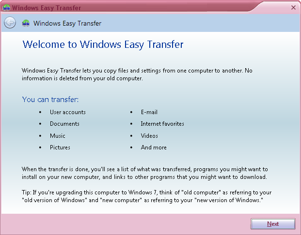 Windows Easy Transfer start