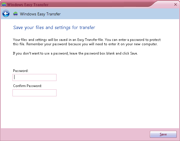 Windows Easy Transfer password option