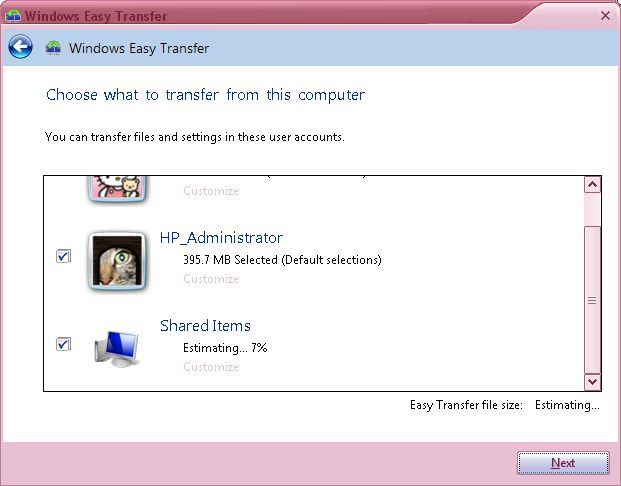 Windows Easy Transfer choices