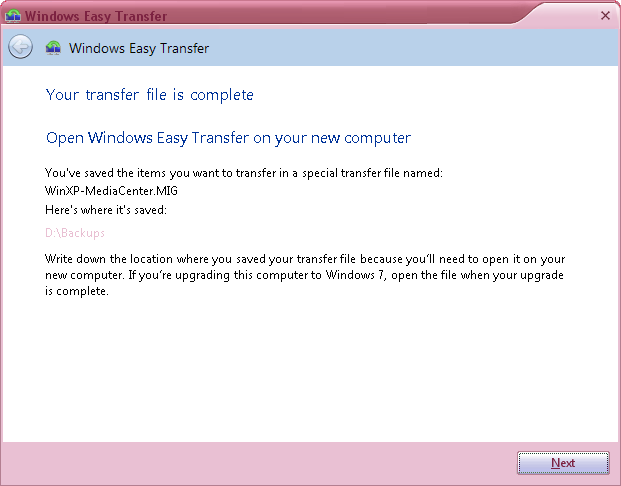 Windows Easy Transfer completed