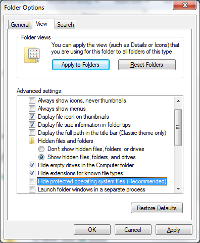 Windows 7 - display hidden and system files