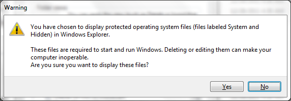 Windows 7 - displaying hidden files warning