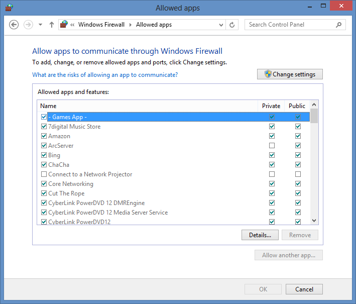 Windows Firewall change settings
