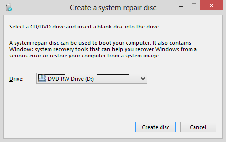 Win8 repair disc select DVD drive